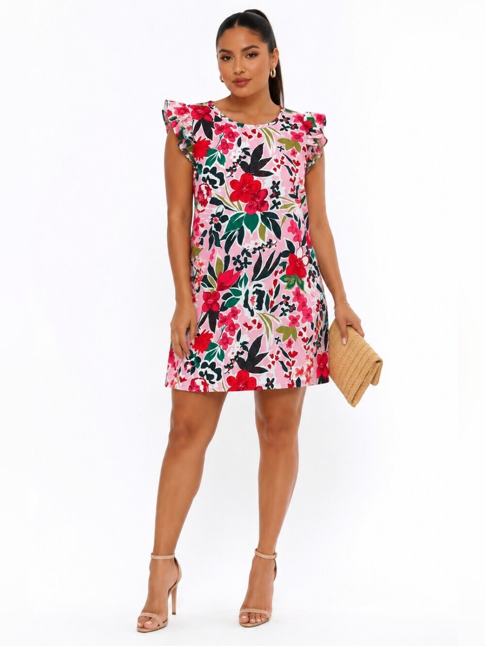 SHEIN Pink & Red Floral Ruffle Sleeve Shift Dress. Size 1X